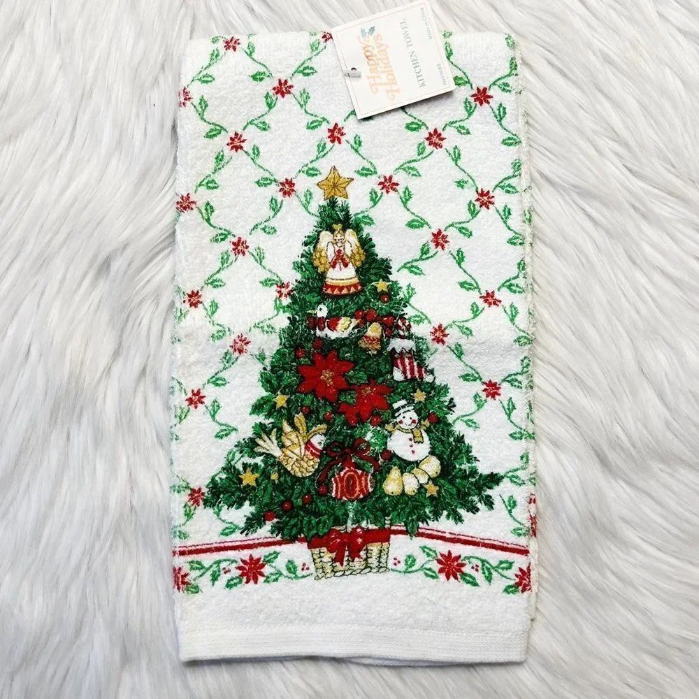 Happy Holidays Christmas Tree Kitchen Tea Towel White and Green